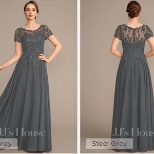 Jj’s House illusion scoop neck short sleeve beaded chiffon gown size 6